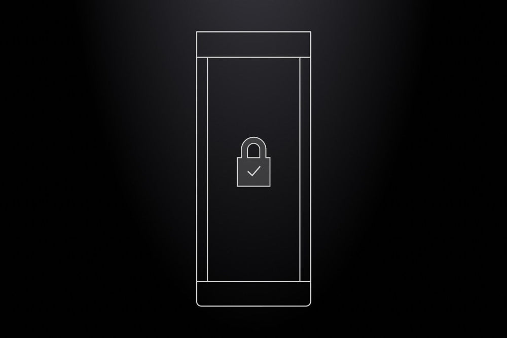 a black background with a graphic outline of a rectangle Tonal exercise machine and a padlock with the tick right in the middle of it