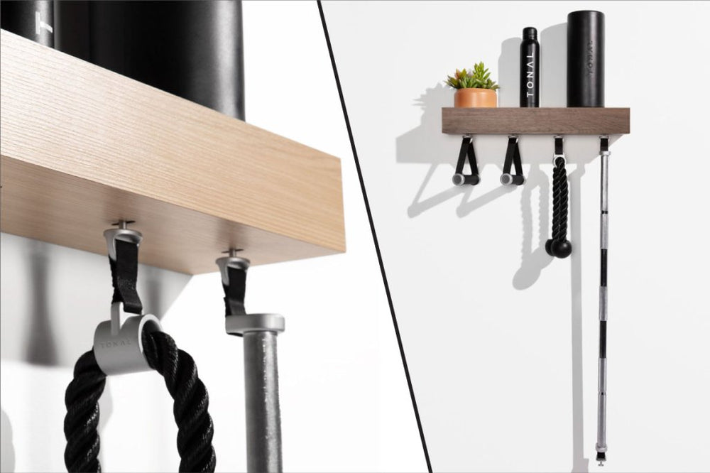 Tonal Accessories Shelf, a floating shelf for storing Tonal Smart Accessories workout gear.