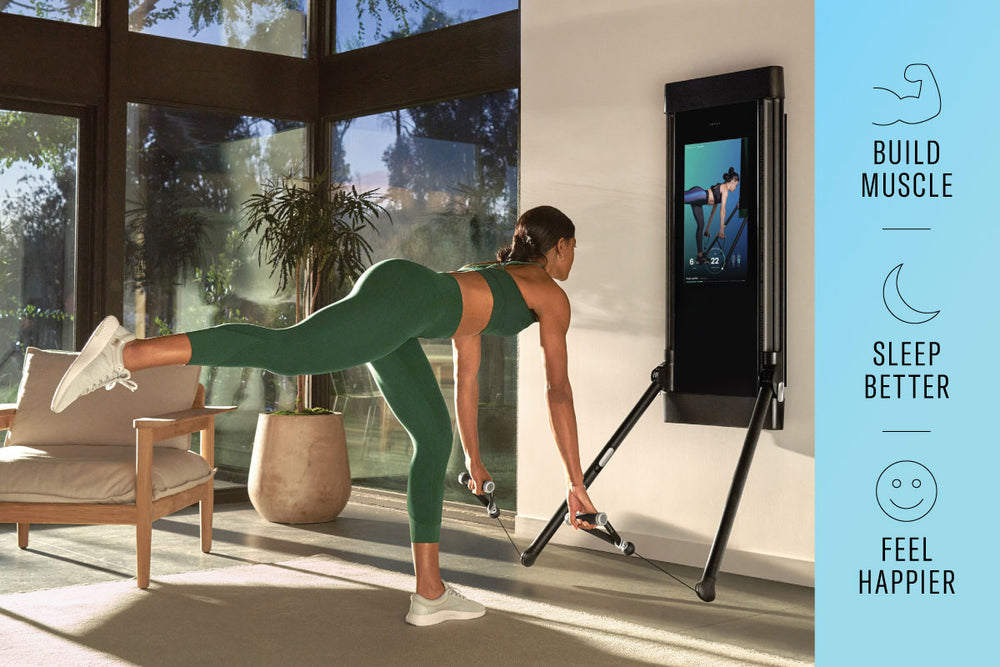 Woman working out on Tonal with sidebar icons: Build Muscle, Sleep Better, Feel Happier
