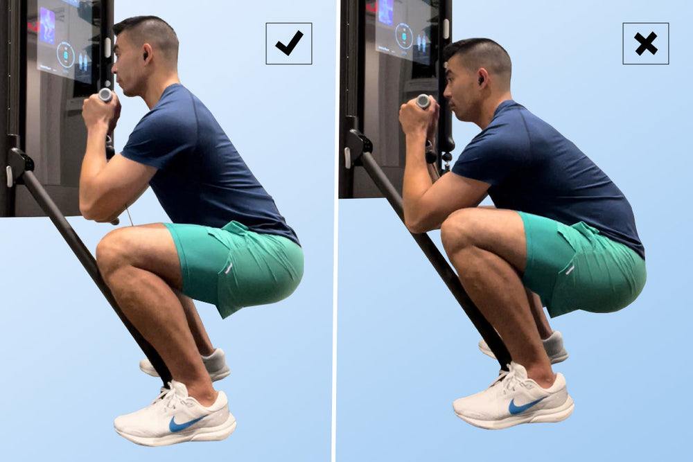 Tonal coach Tim Landicho demonstrates proper squatting form vs. the butt wink.