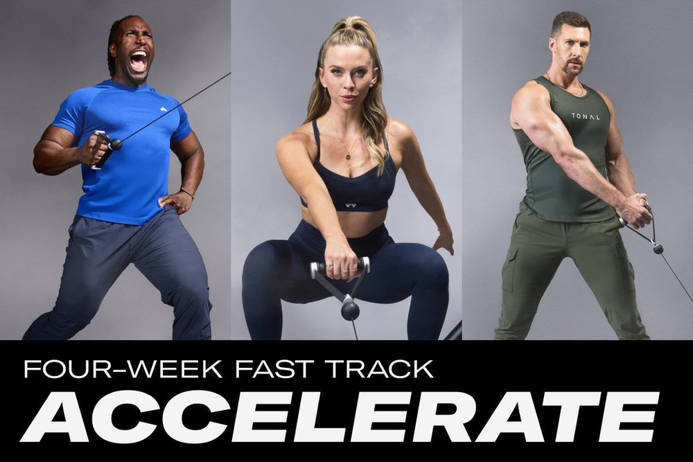 Join the January workout challenge with two tracks and all seven Tonal coaches. Pictured here: Coaches Ackeem Emmons, Ash Wilking, and Joe Rodonis.