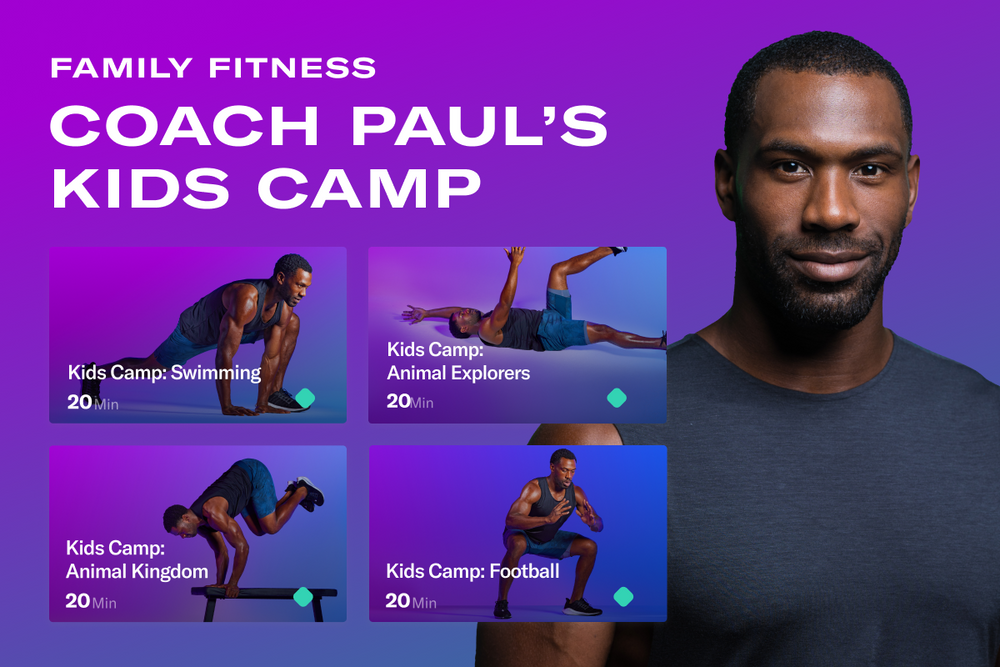 image of a man against a colourful background next to squares of him doing different movements. The text on each square block from left to right reads: Kids Camp: Swimming, Kids Camp: Animal Explorers, Kids Camp: Animal Kingdom, Kids Camp: Football.