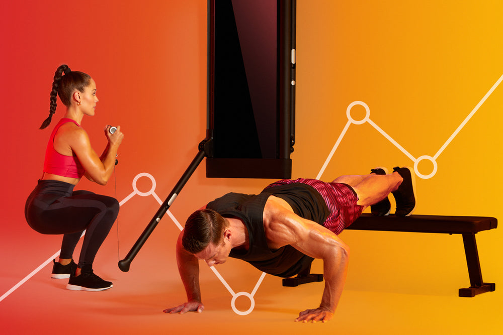 Image showing someone performing a goblet squat on Tonal and a foot-elevated push up to build strength