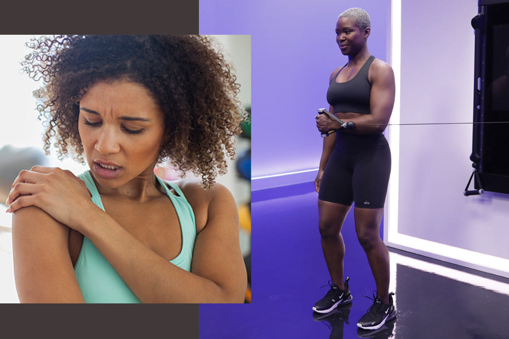 Woman with a sore shoulder; Tonal coach Tanysha Renee using strength training for joint pain relief.