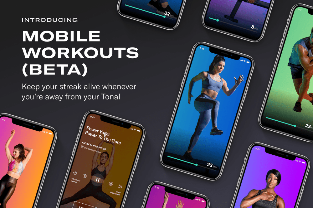 graphic with a number of phone screens with images of coaches captured in a various moments of a workout and the following text overlay: "Mobile Workouts (Beta): Keep you streak alive whenever you