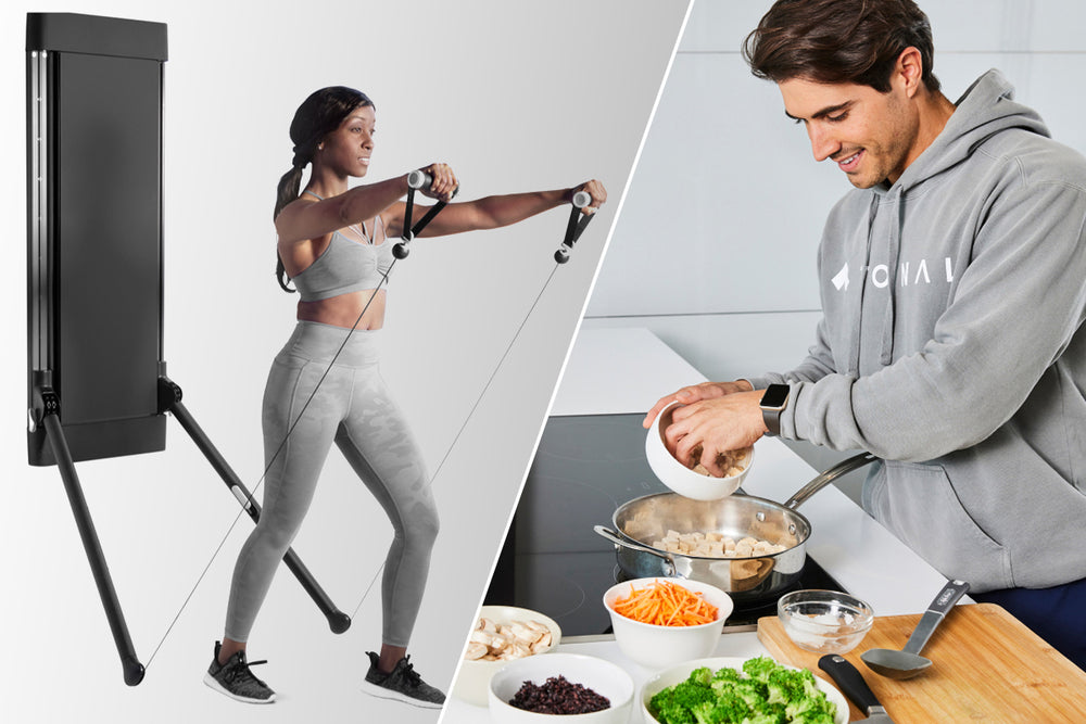 Split-screen image with Coach Allison exercising on Tonal on the left and Coach Trace preparing food on the right.