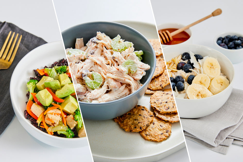 Image of three different meals: a colorful salad, chicken salad and a bowl of oatmeal demonstrating rules for eating healthy
