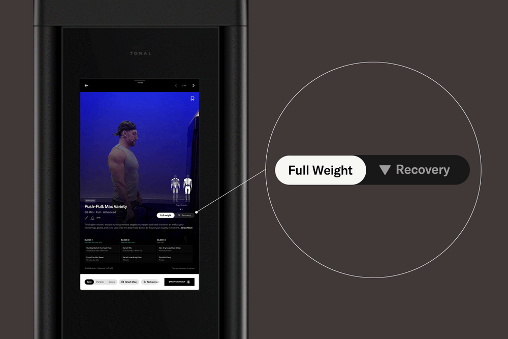 Active Recovery feature toggling on on Tonal to perform an active recovery workout with deloading.