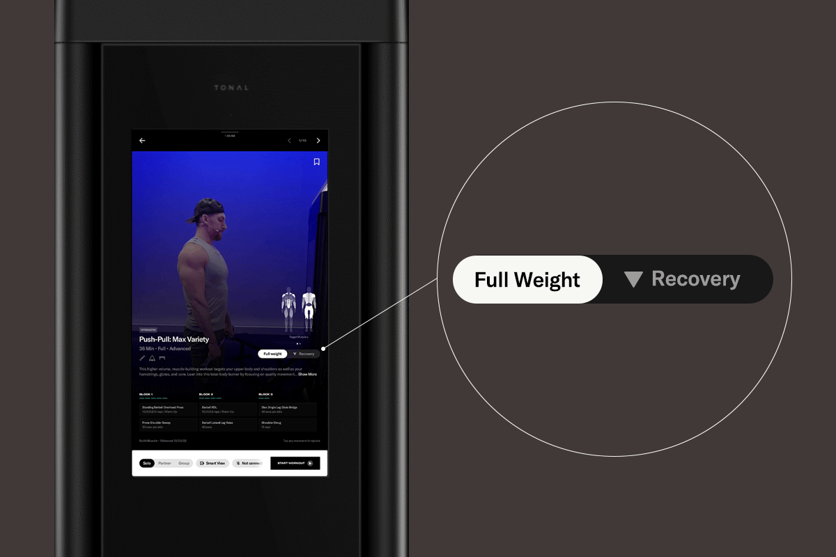 Active Recovery feature toggling on on Tonal to perform an active recovery workout with deloading.