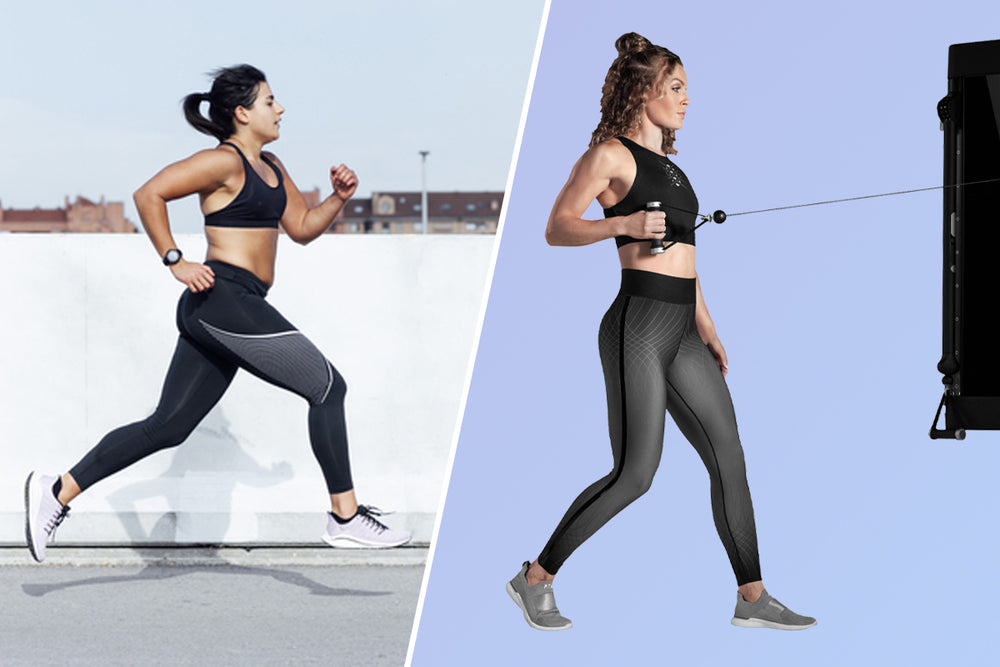 Split screen image of a woman running and Coach Woody working out on Tonal.