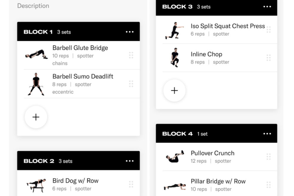 screenshots of a various movements in a workout