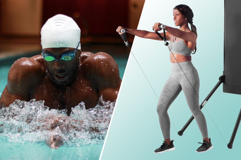 Two images: A swimmer and a woman working out on Tonal.