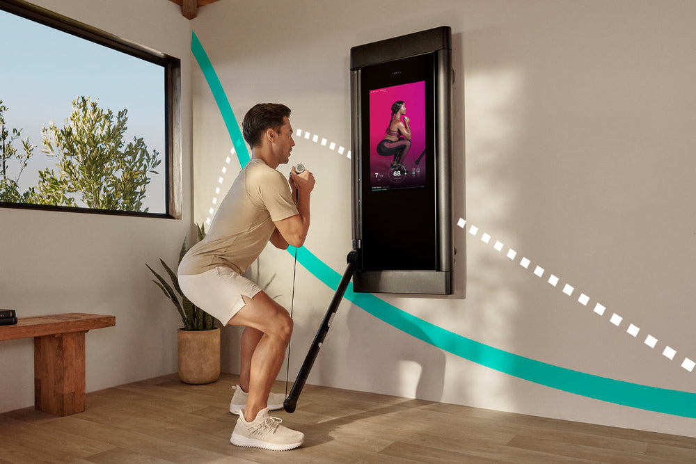 image of a man performing a goblet squat with the force velocity curve for power training