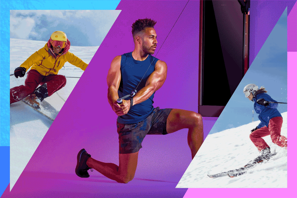 An image of two skiers and Tonal coaches performing exercises and workouts for skiing.