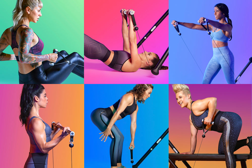 Six different women showcasing strength and power while strength training on Tonal