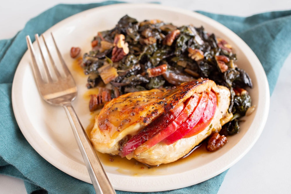 Apple-stuffed chicken and Swiss chard