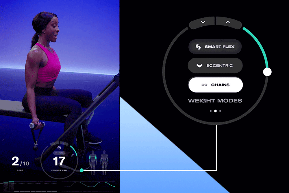 woman performing a biceps curl with chains mode feature on on Tonal, mimicking the strength training strategy of lifting chains