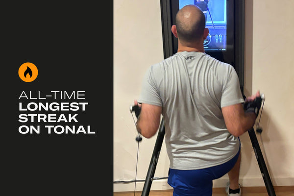 Tonal member Farzan Irani doing a Tonal workout and the text 'All-time Longest Streak on Tonal'
