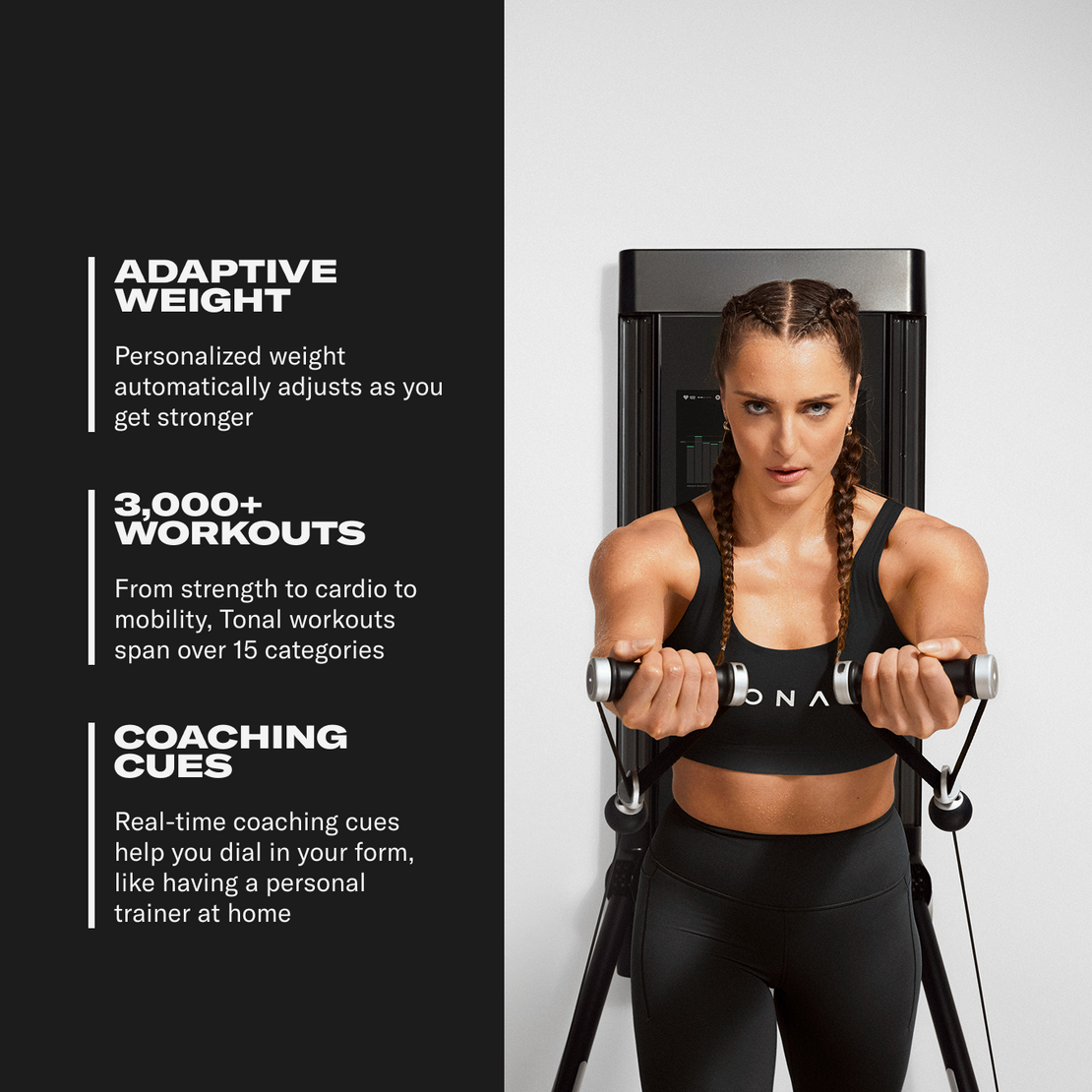 Woman using a Tonal machine with text about adaptive weight, 3,000+ workouts, and coaching cues on the left.