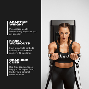Woman using a Tonal machine with text about adaptive weight, 3,000+ workouts, and coaching cues on the left.