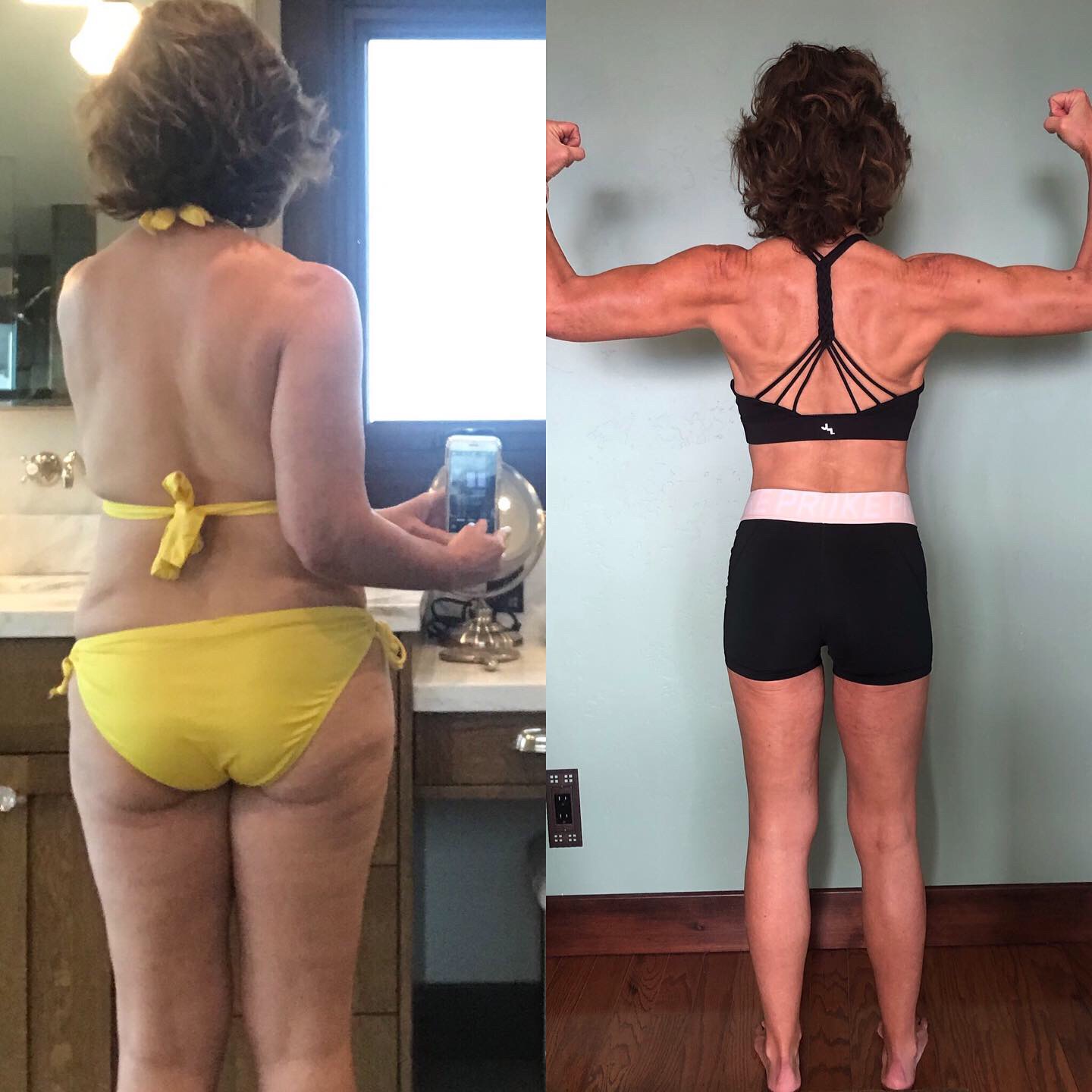 two images side by side showing changes in a woman's body, the image on the left shows less muscle, but the image on the right, the woman is flexing her biceps 