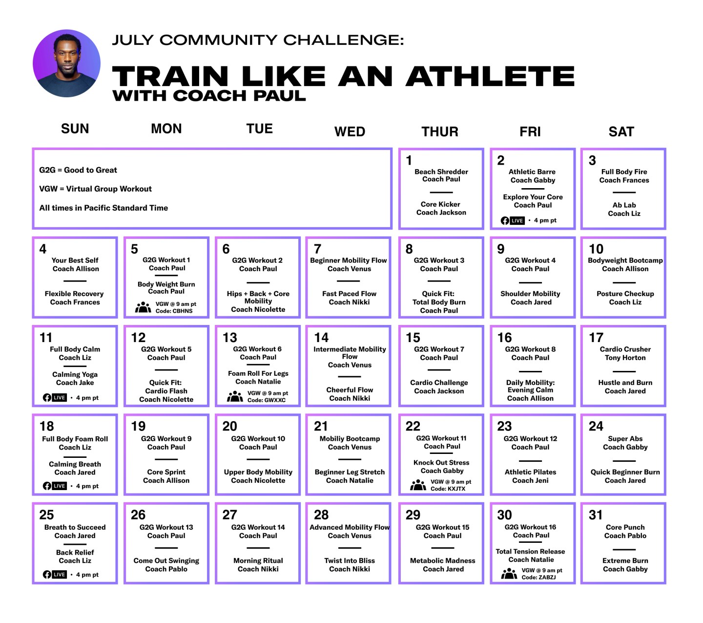 a calendar for the month of july with different workout dates and recommendations