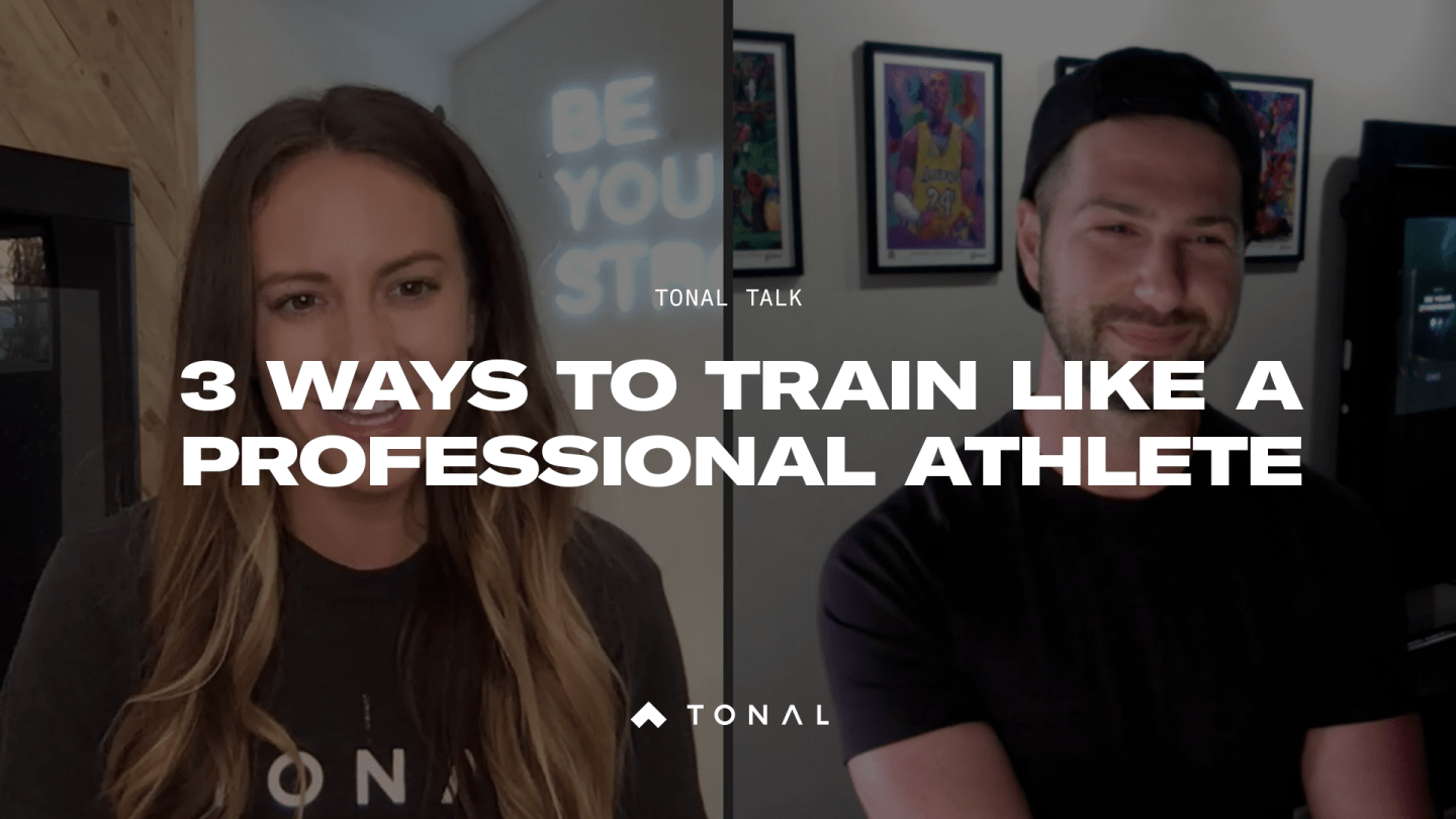 a split screen with a man on one side and a woman on the other with the title overlay: 3 ways to train like a professional athlete