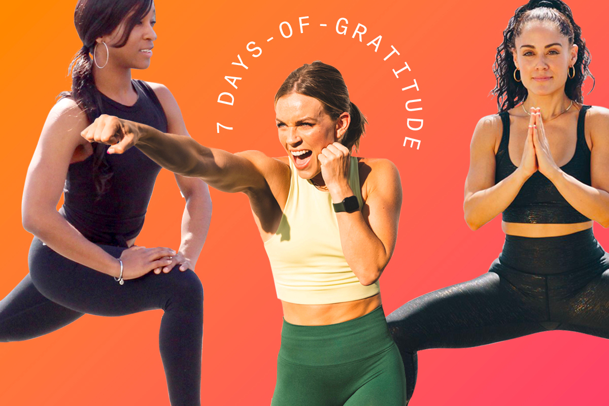 three women working out on a colorful background with 7 days of gratitude title above them