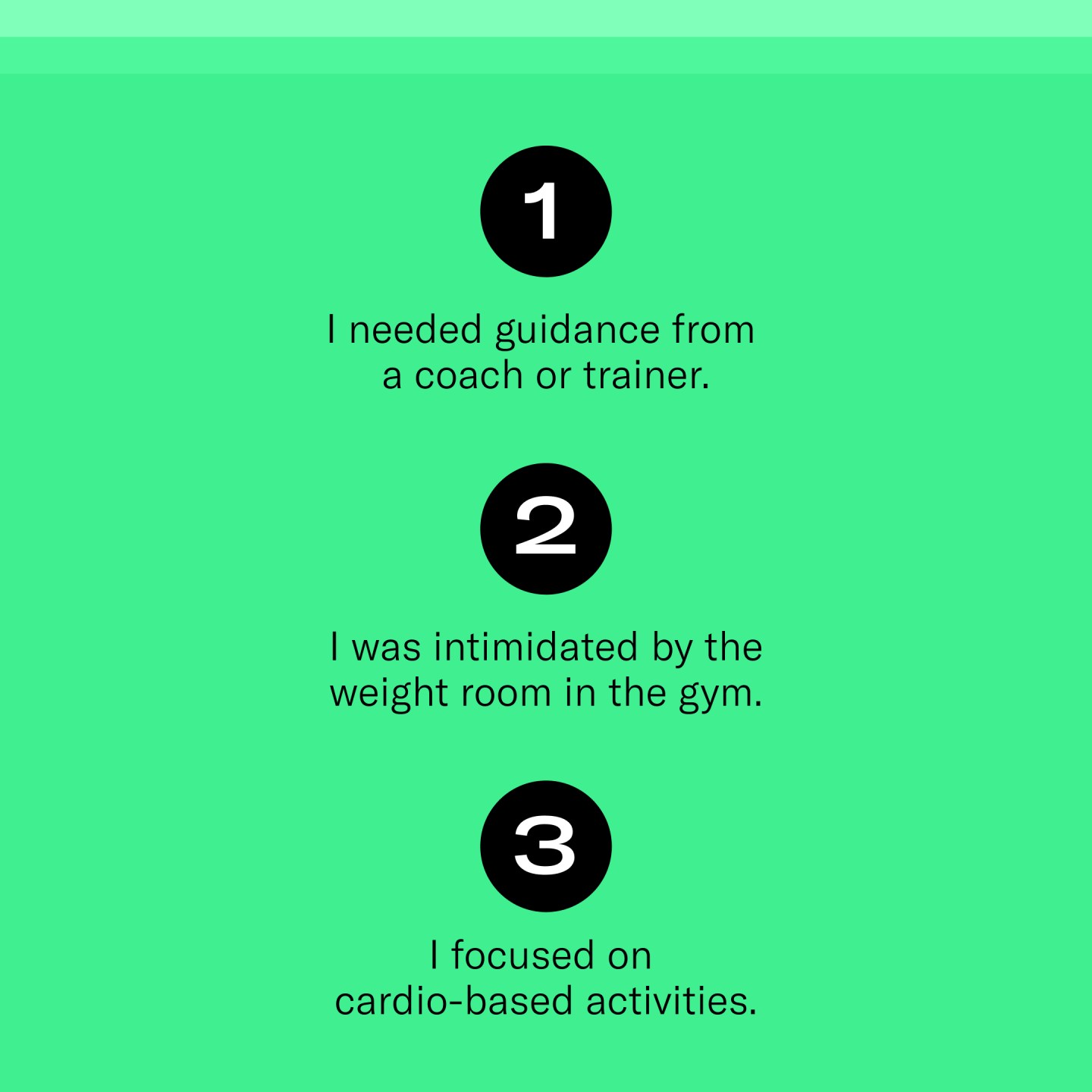 Top 3 Reasons Female Tonal Members Avoided Strength Training in the Past:
1. I needed guidance from a coach or trainer.
2. I was intimidated by the weight room in the gym.
3. I focused on cardio-based activities 