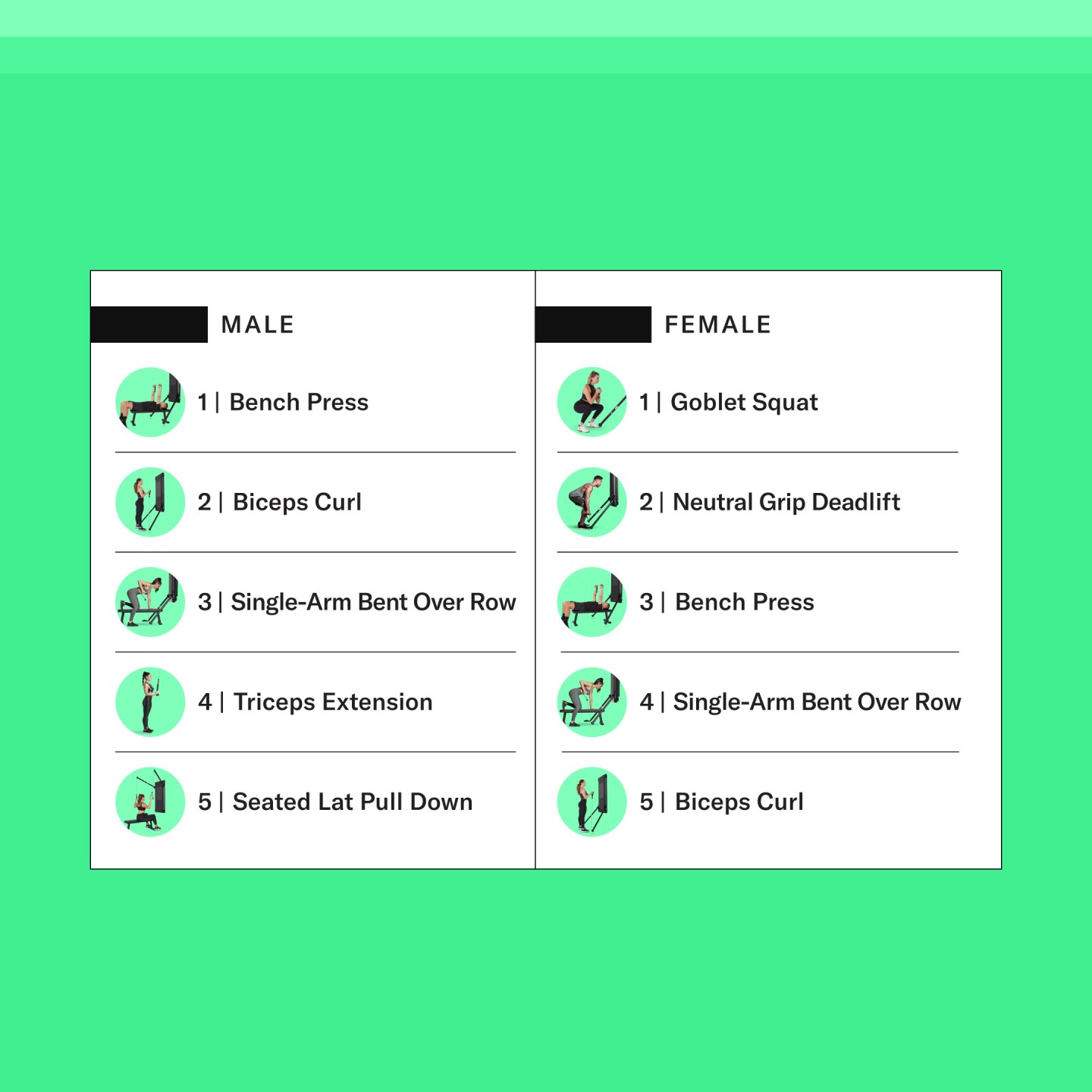 Top Tonal Moves by Gender:
Male:
1. Bench Press
2. Biceps Curl
3. Single-arm Bent Over Row
4. Triceps Extension
5. Seated Lat Pull Down

Female:
1. Goblet Squat
2. Neutral Grip Deadlift
3. Brench Press
4. Single-Arm Bent Over Row
5. Biceps Curl