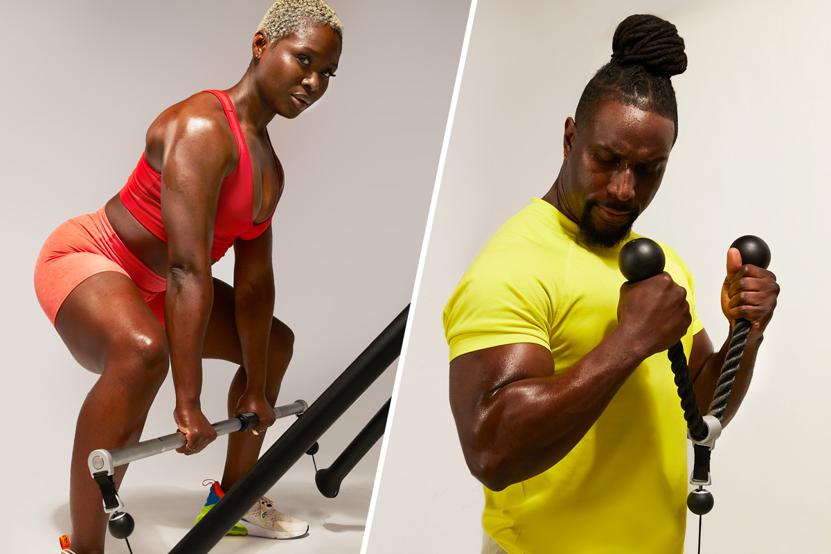 Coach Tanysha Renee doing a sumo deadlift and Coach Ackeem Emmons doing a hammer curl.